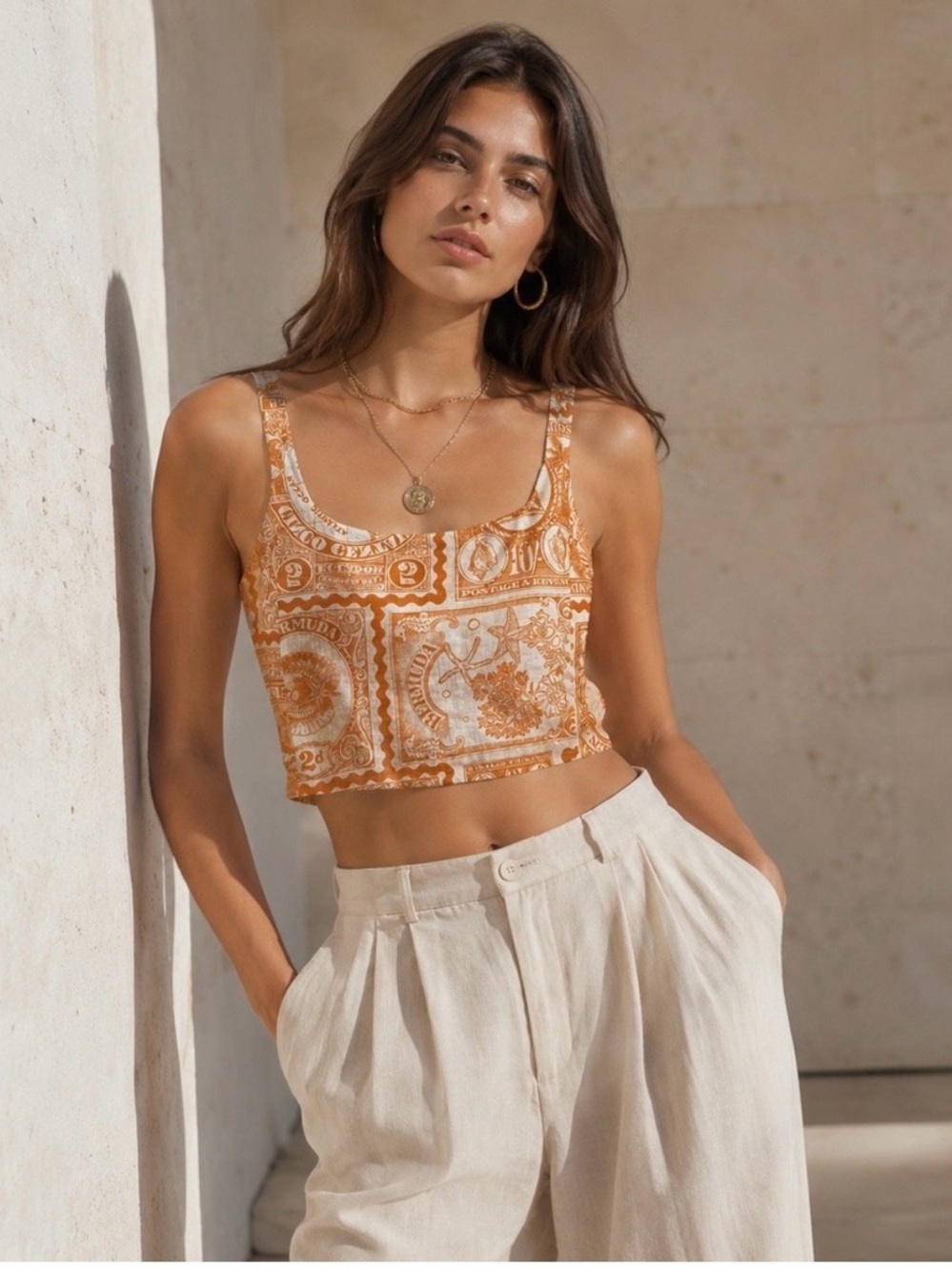 Orange Printed Crop Tank Top with Thin Straps